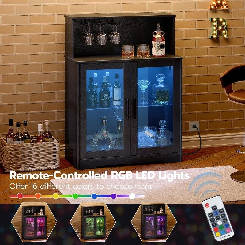خزانة الخمور LED مع منافذ الطاقة ، خزانة بار النبيذ مع التخزين ، خزانة القهوة للخمور والنظارات