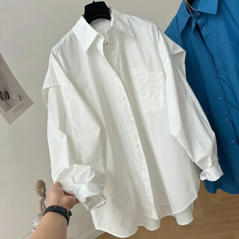 QWEEK شيك امرأة البلوزات Harajuku أنيقة والشباب الأبيض الأزرق القمصان المتضخم وهمية قطعتين طويلة الأكمام قميص غير رسمي