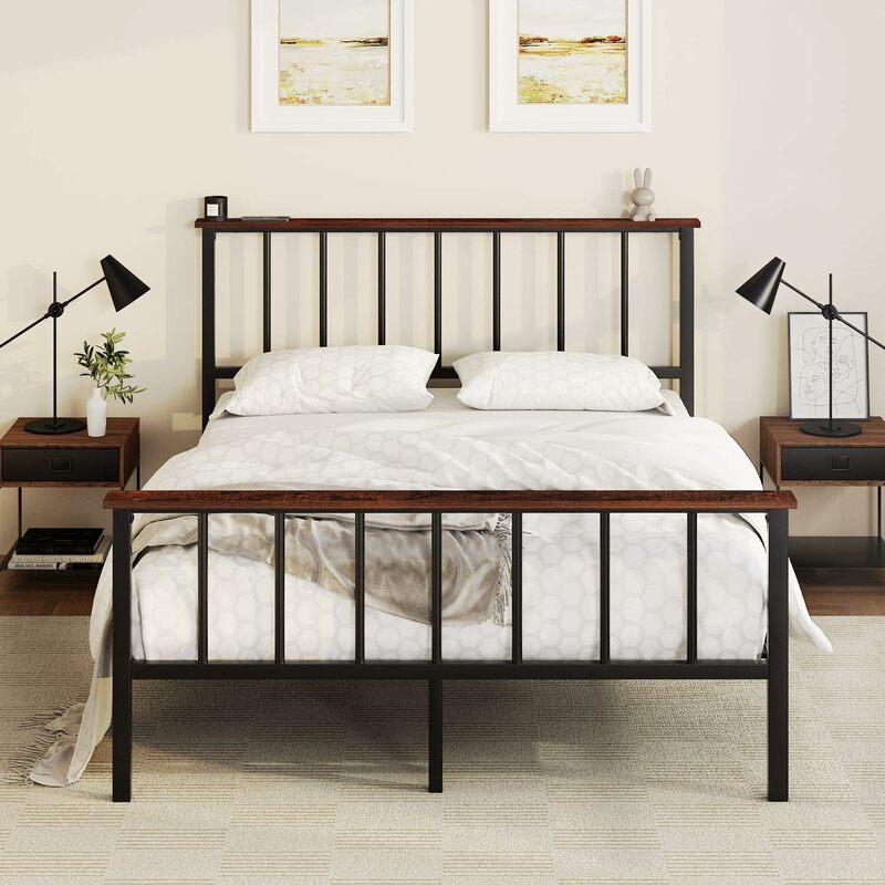 إطار سرير بلوح رأس لسرير بحجم كوين ، منصة للخدمة الشاقة ، أسود وخشب ، زنبرك بدون صندوق