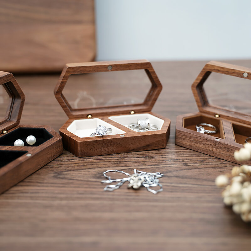 خاتم صندوق تخزين المجوهرات المشاركة حفل زفاف خاتم تخصيص اقتراح خاتم ريفي الزفاف هدية لفتاة الجوز الخشب