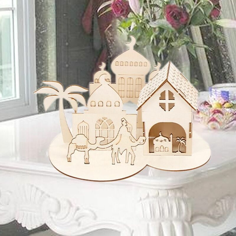 حلي قلعة خشبية قابلة للإزالة ، طاولة رمضان اليدوية ، زينة قلعة ثلاثية الأبعاد ، عيد مبارك مزخرف ، ديكور جو