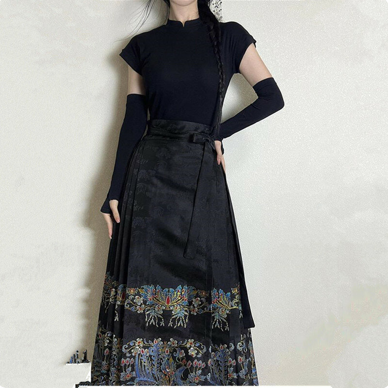 تنورة نسائية تقليدية بطيات على الطراز الصيني ، هانفو أسود عرقي ، أزياء رفيعة ، تنورات طويلة بأربطة تناسب جميع الملابس ،
