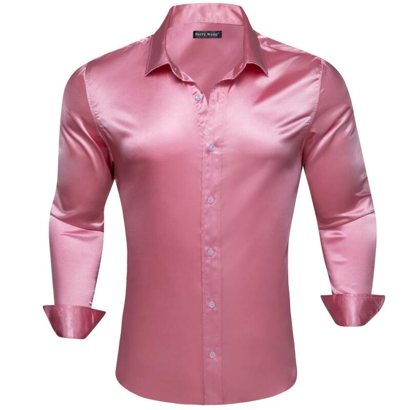 قمصان الحرير مرسيريزد للرجال ، الساتان أحادي اللون ، الأكمام الفضية والوردي ، تناسب ضئيلة ، البلوزات الأعمال عادية ، بلوزات الذكور ، باري وانغ ، الفاخرة