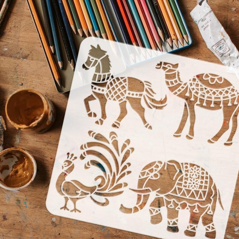 استنسل رسم حيوانات قابل لإعادة الاستخدام ، قالب رسم نقش ، موضوع هندي ، حصان ، طاووس جمل ، فيل ، x صي
