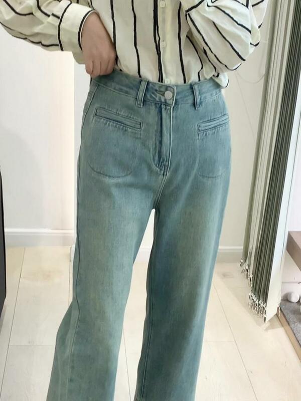 Finewords-جينز نسائي عالي الخصر واسع الساق ، بنطلون جينز فضفاض عتيق ، بنطلون قصير ، ملابس الشارع الكورية ، جيب كبير كاجوال