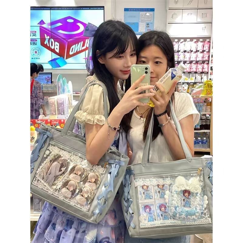 حقيبة كتف جلدية شفافة من Xiuya للنساء ، حقيبة أنيقة JK ، حقيبة Ita غير رسمية لطيفة ، على الطراز الياباني ، أزياء لوليتا الحلوة ، زرقاء