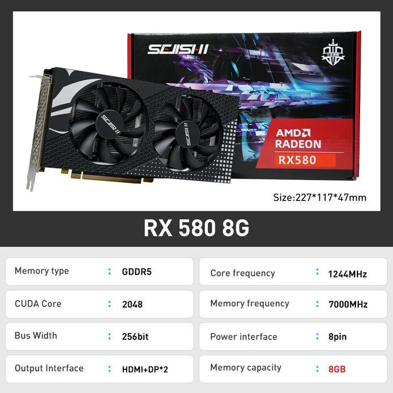 SJS RX 580 8G 256Bit 2048SP GDDR5 AMD GPU بطاقات الرسومات RX580 بطاقة الفيديو الأبيض Radeon 8GB التعدين بطاقة الألعاب بلاسا دي فيديو