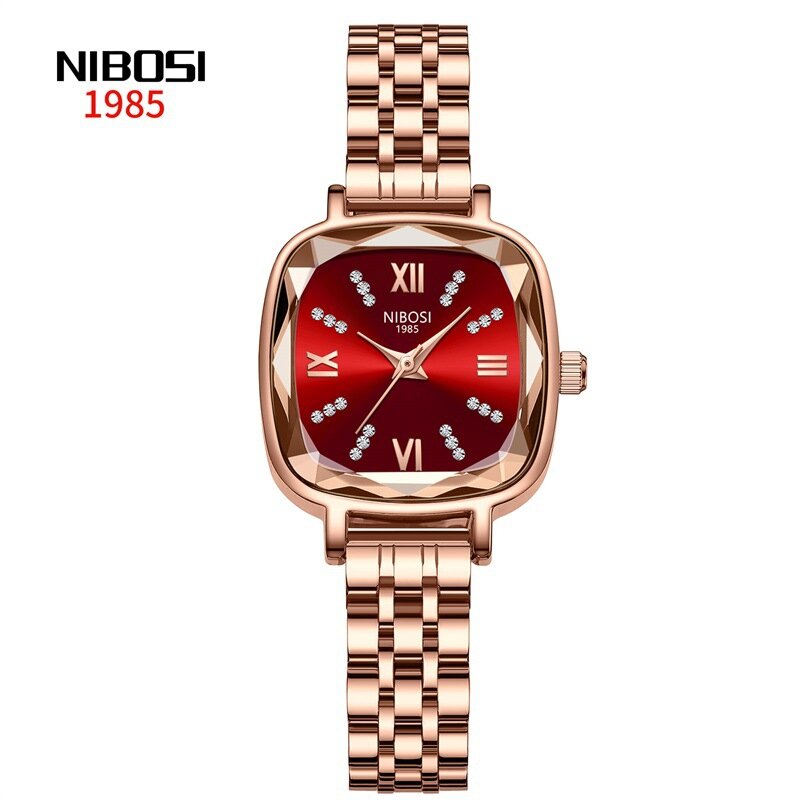 ساعة NIBOSI-Quartz للنساء ، الذهب الوردي ، سوار الفولاذ المقاوم للصدأ ، مقاومة للماء ، ساعات فاخرة ، حمراء ، أزياء العلامة التجارية