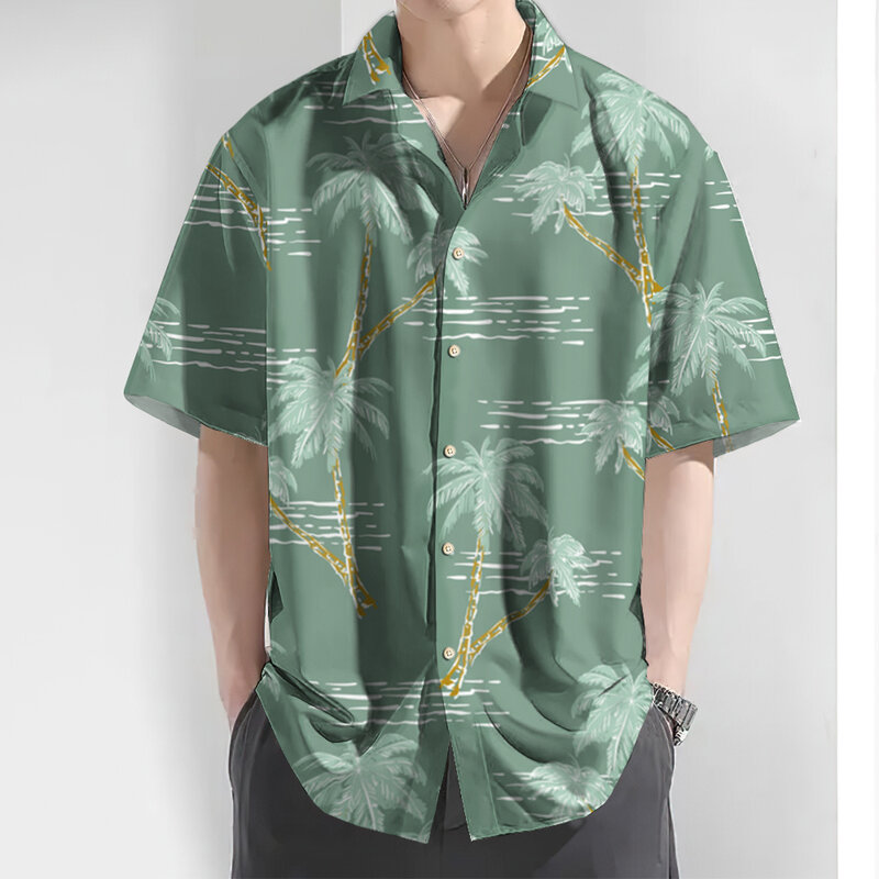 قميص هاواي قصير للرجال ، طباعة شجرة جوز الهند ، قمصان فضفاضة كبيرة الحجم ، توبات غير رسمية يومية ، ملابس رجالية ، جديدة ، ثلاثية الأبعاد ، بأكمام