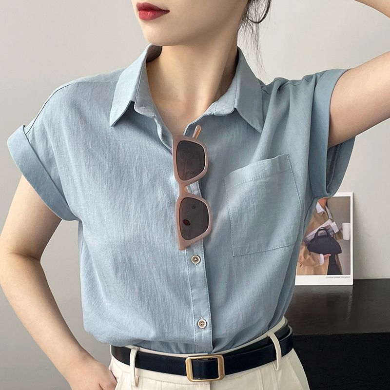 ديبتاون-بلوزات نسائية كلاسيكية على الطراز الكوري ، قمصان قصيرة الأكمام ، سترة أنيقة ، سيدات مكتب أساسي ، شبابي ، صيف