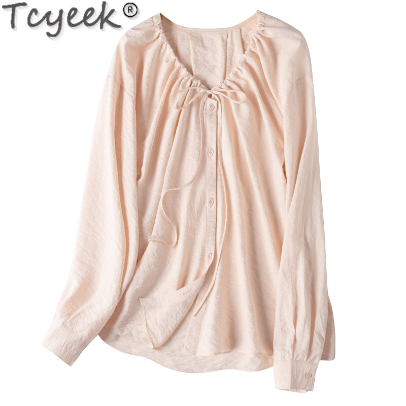 Tcyeek-قميص حرير ملبري حقيقي للنساء ، قمم أنيقة ، بلون واحد ، ملابس واقية من الشمس للنساء ، الربيع والصيف ،