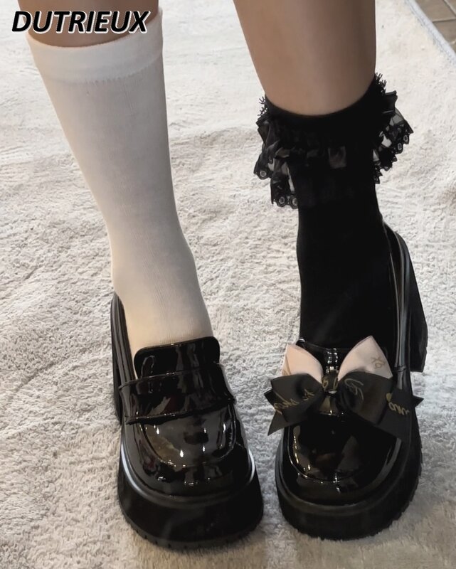 أحذية جلدية سوداء للفتيات ، أحذية عالية الكعب ، متخصصة ، سلسلة الألغام ، أصلية ، حلوة ، رائعة ، Y2K ، ثقافة آسيوية ، لطيفة ، لوليتا
