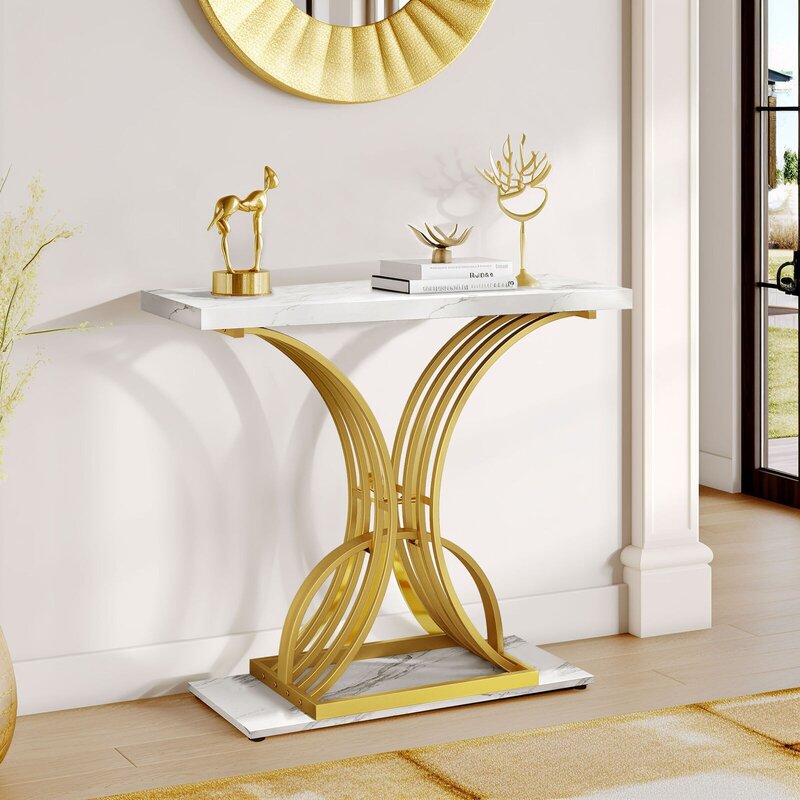 طاولة كونسول ذهبية مزيفة لغرفة المعيشة ، المدخل الحديث ، الرخام الأبيض ، 39"