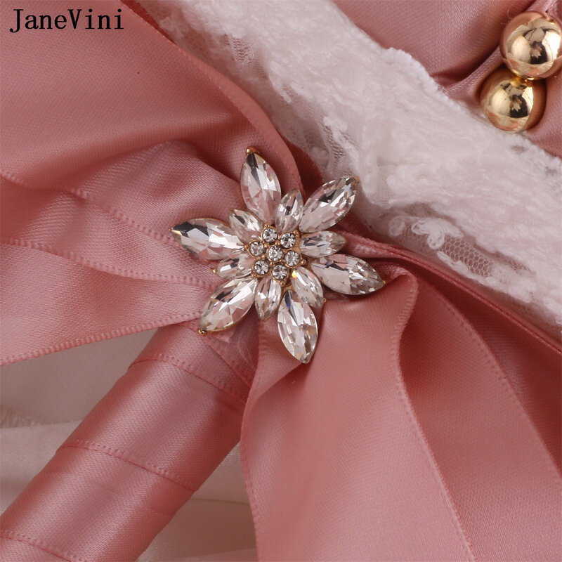 JaneVMini-باقة ورود ساتان صناعية ، بروش زفاف ، ماس لامع ، مجوهرات ذهبية ، وردي مغبر ، زهور زفاف ، فلور فاخرة