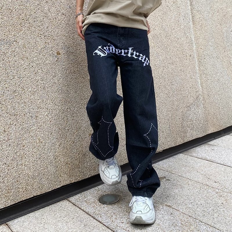 Harajuku إلكتروني طباعة الهيب هوب رجالي أسود الشارع الشهير واسعة الساق مستقيم الجينز السراويل Alt مستقيم سراويل جينز الرجال الملابس