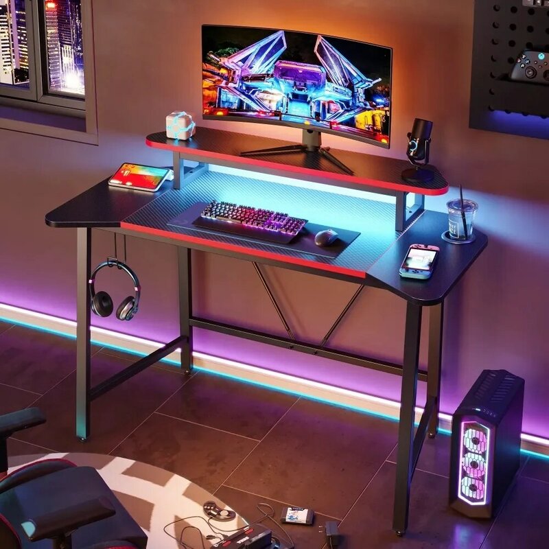 مكتب ألعاب الكمبيوتر مع أضواء LED وشاشة الوقوف ، طاولة مكتب ، ألياف الكربون ، أثاث المكاتب ، 50.3"