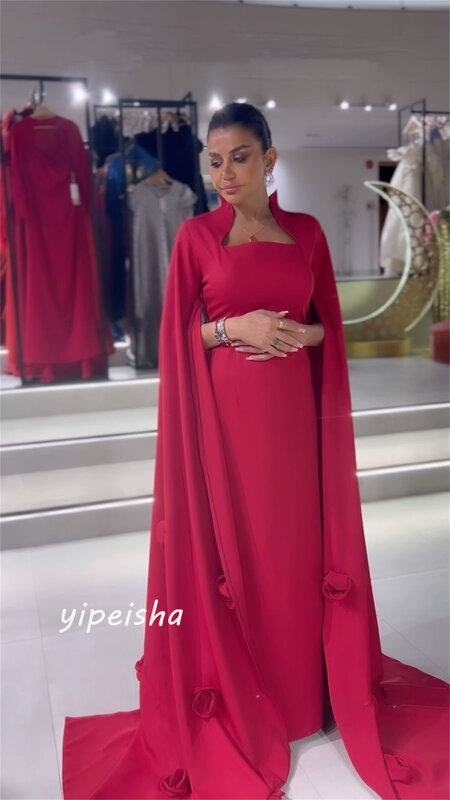 فستان سهرة مكشكش مع زهرة ، جيرسي المملكة العربية السعودية ، على شكل حرف A ، رقبة مربعة ، فستان مناسب حسب الطلب ، فساتين طويلة
