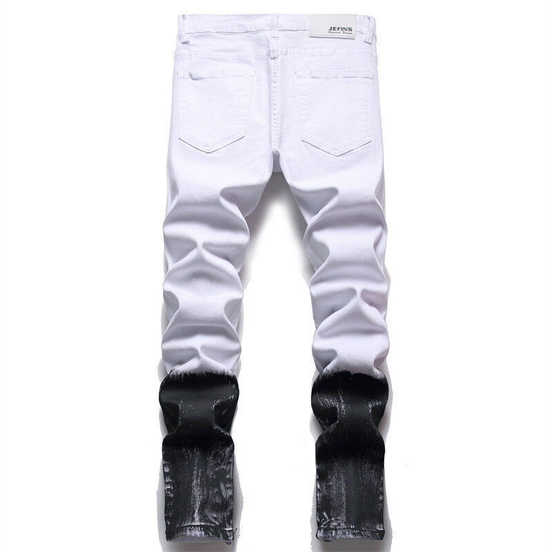جديد مستقيم هول ممزق جينز المتعثرة سراويل جينز الرجال الجينز موضة عادية المرقعة التطريز أبيض أسود سراويل قطنية
