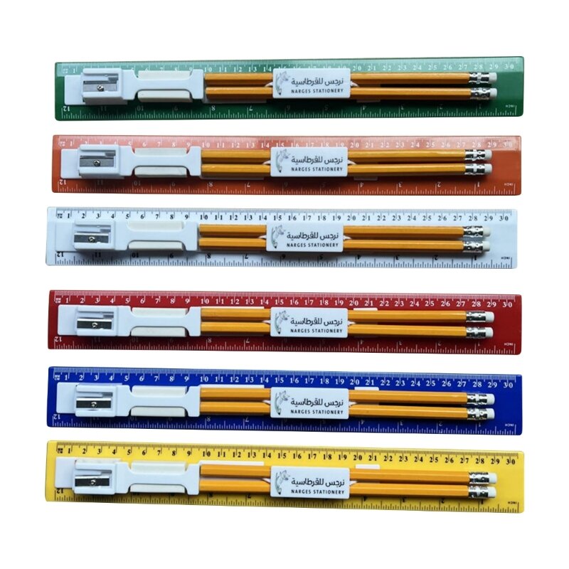 مجموعة مسطرة ملونة مقاس 30 سم مع مبراة وأقلام رصاص وممحاة مثالية للمدرسة والمكتب