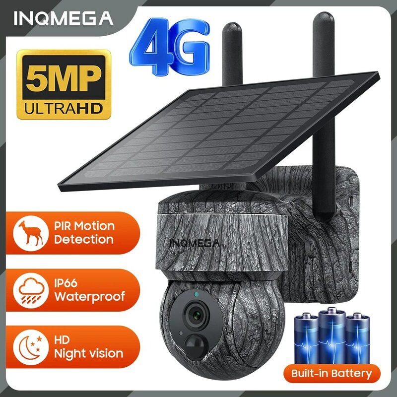 INQMEGA-كاميرا تعمل بالطاقة الشمسية PTZ لاسلكية مع لوحة للطاقة الشمسية ، صوت ثنائي الاتجاه ، حماية أمنية ، كاميرا بطارية ، 4G SIM ، 5MP ، 4MP
