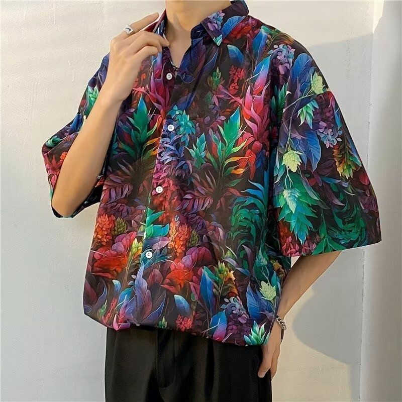 قميص شاطئ بزهرة هاواي للرجال ، كم خمسة أرباع ، نمط هونغ كونغ ، ملابس عصرية فضفاضة ، قمم الصيف