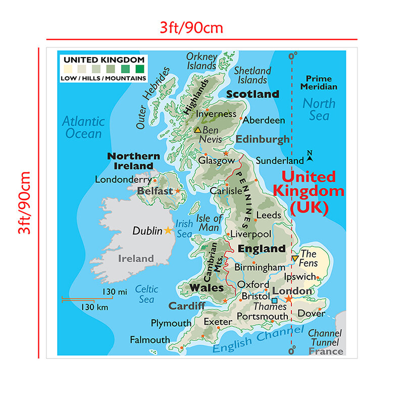 90*90cm The United Kingdom Orographic Map Art Poster and Prints Non-woven Canvas Painting Home Decoration School Supplies