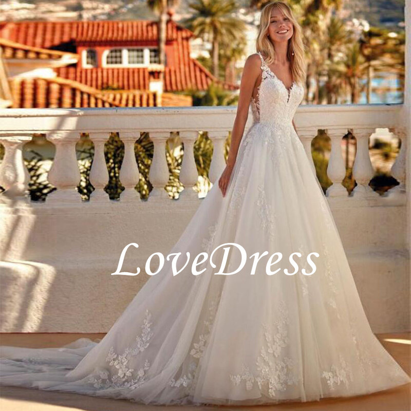 فستان زفاف من LoveDress-برقبة على شكل حرف V للنساء ، بأكمام طويلة ، خط ، بدون ظهر ، دانتيل ، تصميم مزين ، بسيط ، مصنوع حسب الطلب ، رخيص