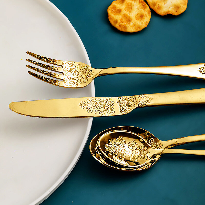 الذهب الفولاذ المقاوم للصدأ مجموعة أدوات المائدة شوكة ملاعق سكين الفضيات عدة مجموعة أدوات المائدة الفاخرة أواني الطعام للمطبخ المنزل