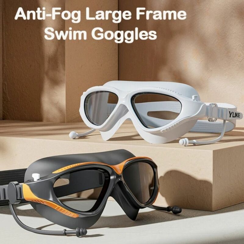 نظارات السباحة البلاستيكية ذات الإطار الكبير ، نظارات عالية الدقة قابلة للتعديل مضادة للضباب ، مقاومة للماء مع سدادات الأذن ، نظارات السباحة