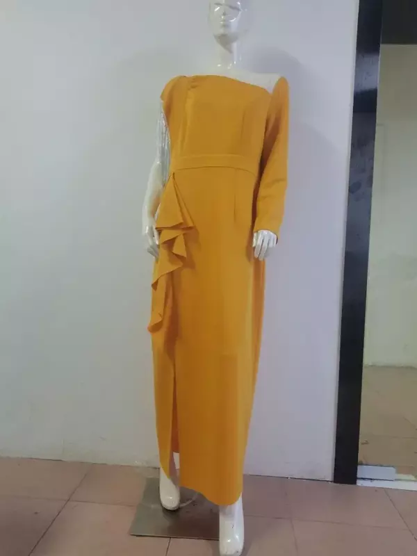 فستان بوليستر طويل الأكمام للنساء ، ملابس أفريقية ، أصفر ، أخضر داكن ، صيف ، S-5XL