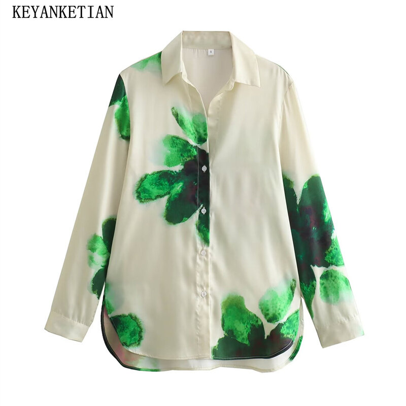 قميص ساتان مطبوع عليه زهور من Keyanketian للنساء ، بصف واحد ، بلوزات فضفاضة ، توب غير رسمي ، بيجامات ، تصميم كبير الحجم ، إطلاق جديد ،