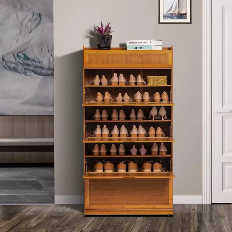 خزانة أحذية حديثة من الخيزران مع أبواب قابلة للسحب ، صندوق تخزين من 9 طبقات ، أحذية بكعب ، قائمة بذاتها ، بني ، 36 زوجًا