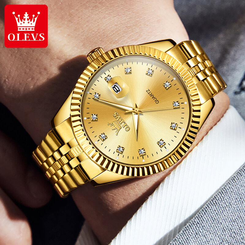 ساعة أوليف-كوارتز ذهبية للرجال من الفولاذ المقاوم للصدأ ، ساعة يد رياضية مقاومة للماء ، ساعات فاخرة ، علامة تجارية مشهورة