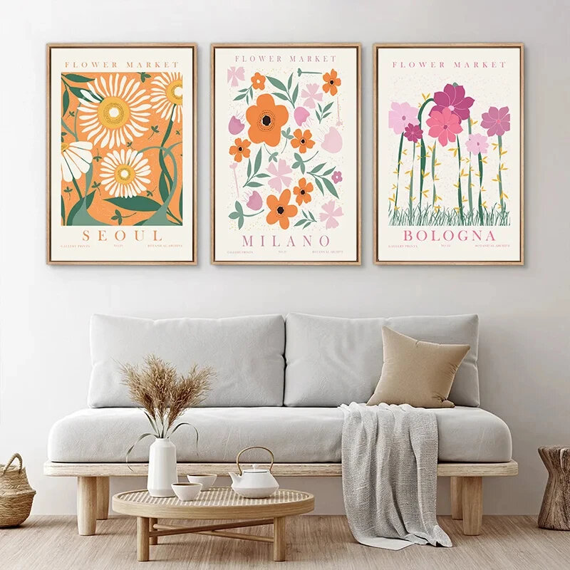 زهرة سوق الطباعة الملونة فن الجدار ، زهرة الربيع والنبات اللوحة الزيتية ، ملصق جدار غرفة المعيشة ، ديكور المنزل