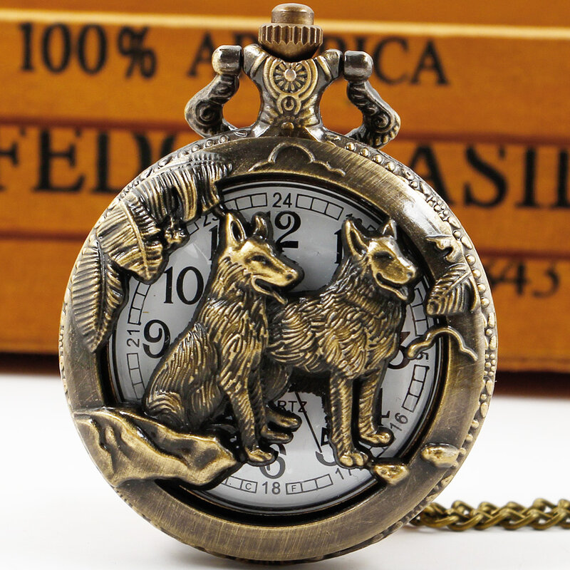 كول كلب كلب الذئب تصميم الجوف كوارتز ساعة الجيب العتيقة برونزية قلادة قلادة الساعات النساء الرجال الهدايا