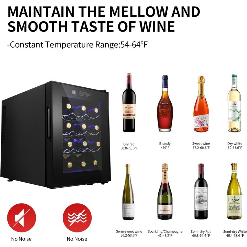 ثلاجة صغيرة مبرد نبيذ ، ثلاجة نبيذ مدمجة مع تحكم رقمي في درجة الحرارة ، تشغيل هادئ ، مبرد حراري