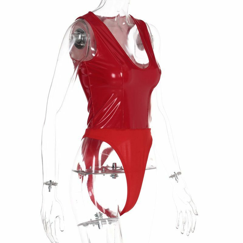 ملابس داخلية مثيرة للنساء باللون الأحمر ملابس داخلية مثيرة ذات قصة عالية مصنوعة من جلد اللاتكس تيدي بيبي دول على شكل حرف V ملابس داخلية للجسم