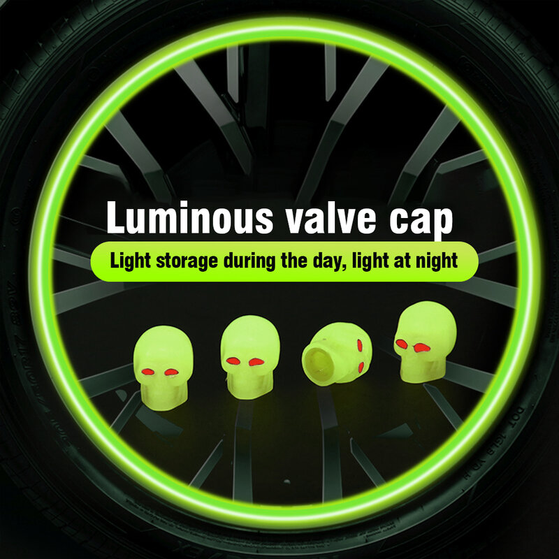 4pcs Tire Valve Cap Skull Shape Fluorescent Green Car Luminous Tire Valve Stem Cap Protect Tire Valve From Dirt Dust Universal