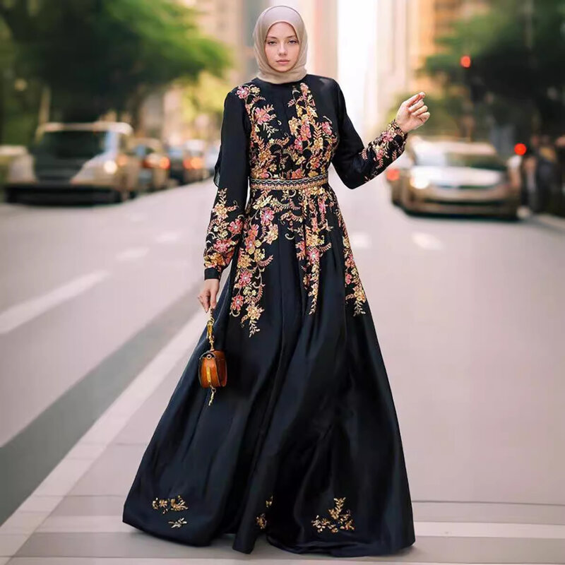 فستان نسائي طويل بزهرة سوداء ، رداء تحديد المواقع بالزهور ، الشرق الأوسط ، عربي إسلامي ، طويل ، إسلامي ، أزياء فاخرة