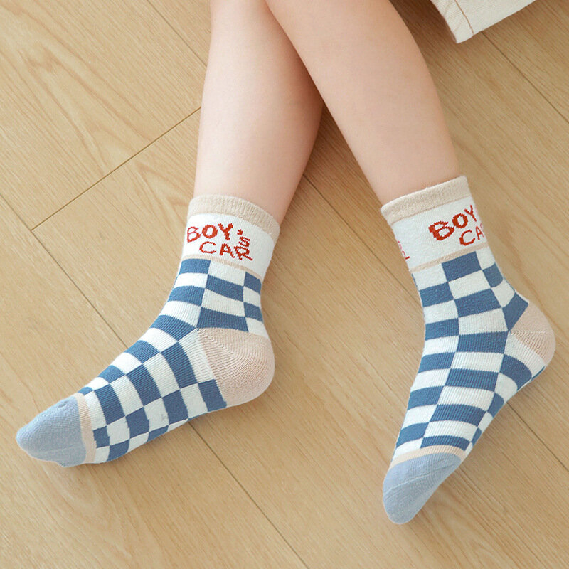 2022 New Autumn Cartoon Car Kids Socks Korean Letter Striped Plaid Cotton Children's Boys Socks