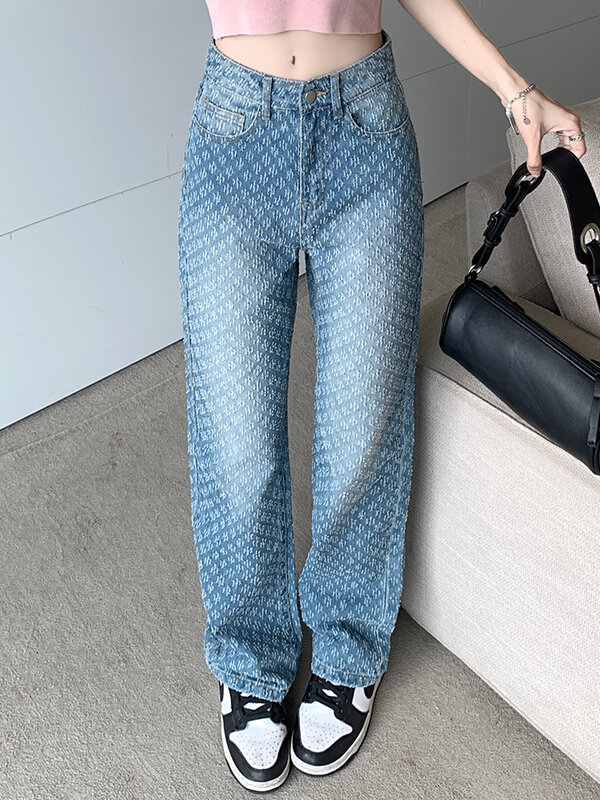 جينز نسائي واسع الساق بتصميم كلاسيكي بخصر عالٍ سروال دينم أزرق فاتح غير رسمي فضفاض بناطيل نسائية