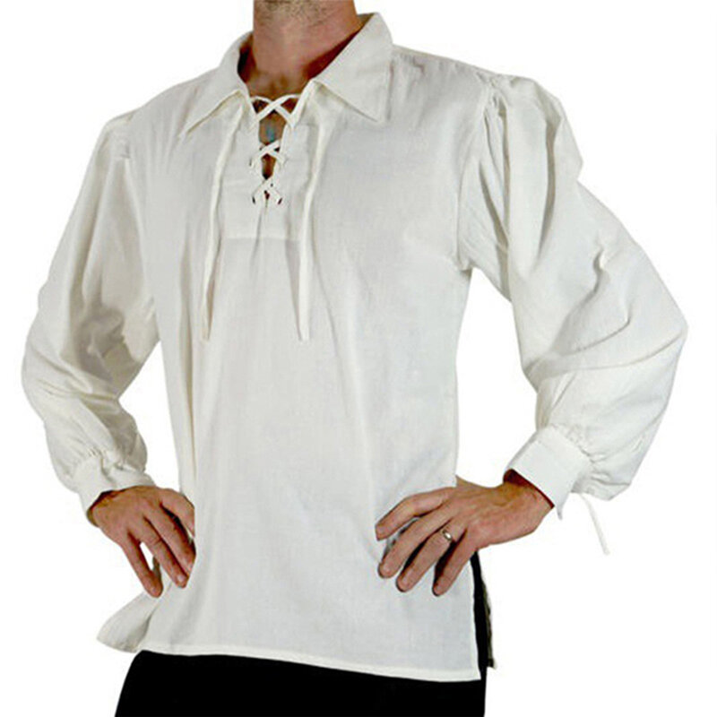 قمصان وبلوزة بياقة مطوية كاجوال للرجال ، زي قوطي فيكتوريا في العصور الوسطى ، أكمام طويلة ، قميص برباط ، قمصان رجالية