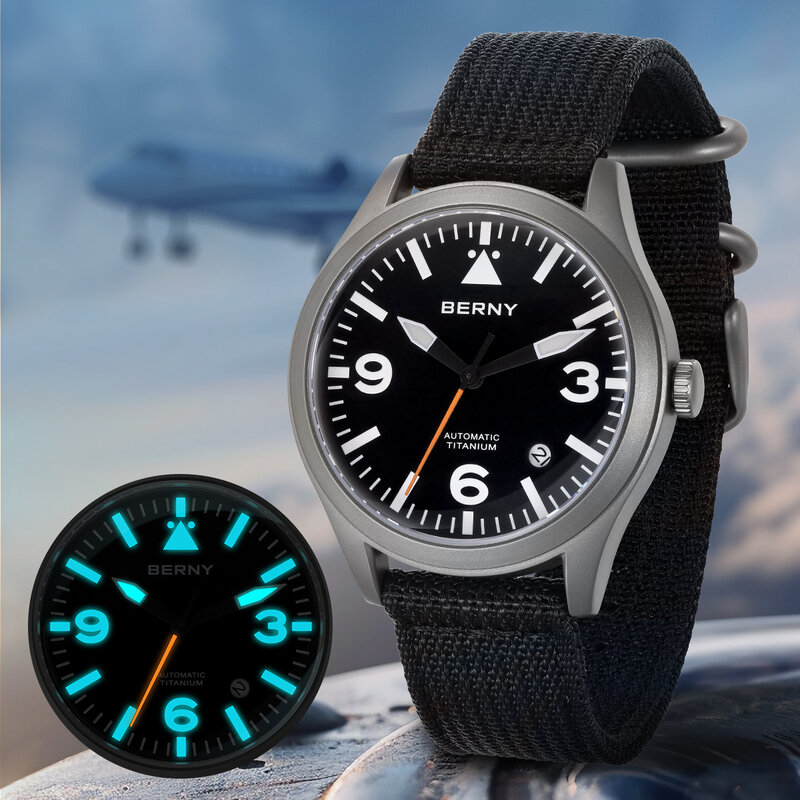 ساعة يد أوتوماتيكية من التيتانيوم BERNY-Pilot للرجال ، مطلية بالياقوت ، ساعة يد فائقة الإضاءة 10 بار ، ساعات طيران رياضية