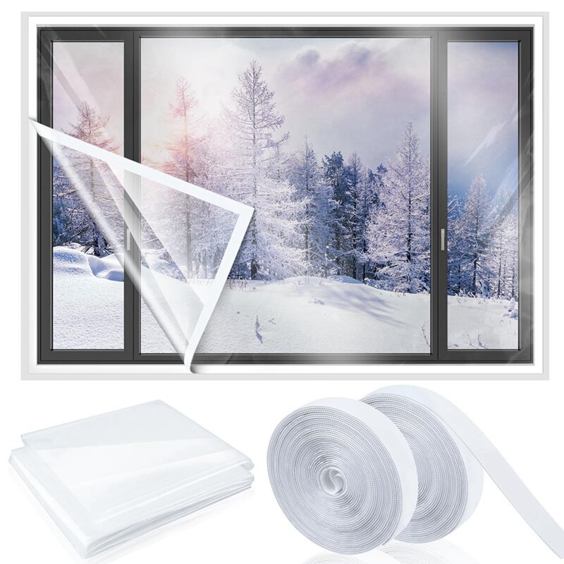 مجموعة عزل النوافذ مع أشرطة لاصقة ، فيلم شفاف ، نافذة قابلة لإعادة الاستخدام ، البلاستيك ، الشتاء