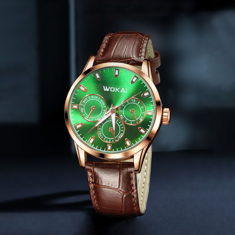 WOKAI جودة عالية عادية موضة كلاسيكي الأخضر الرجال حزام جلد ساعة كوارتز رجال الأعمال ساعة رياضية بسيطة الرجعية