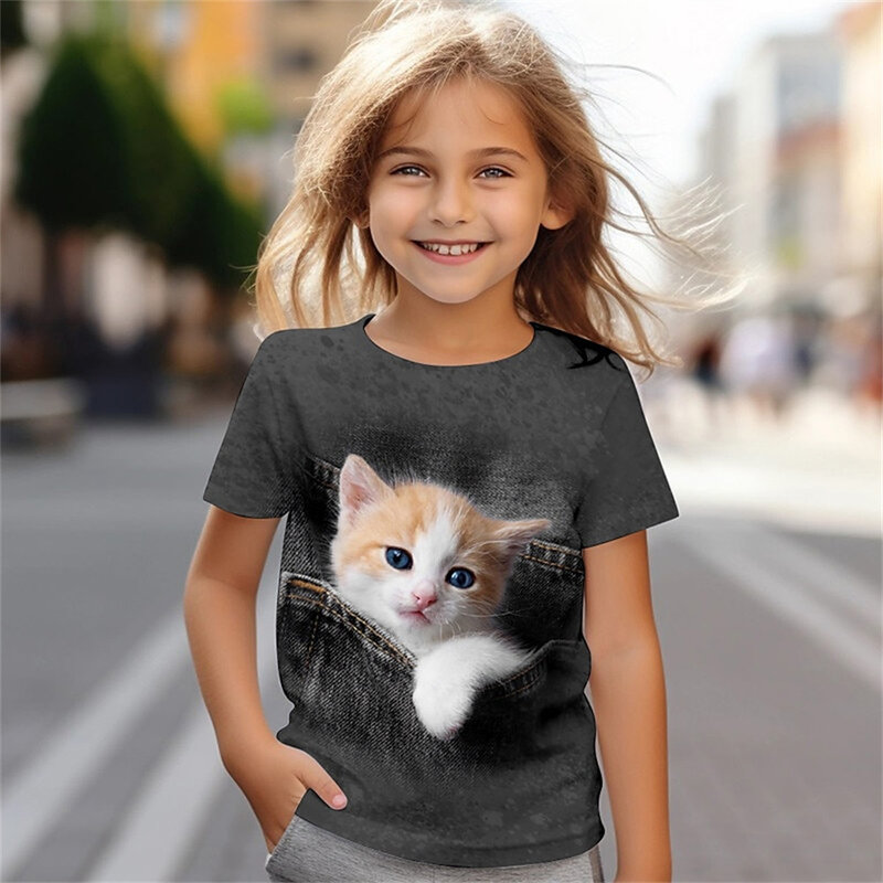 تي شيرت بأكمام قصيرة مطبوع عليها قطة ثلاثية الأبعاد للفتيات ، ملابس أطفال ، ملابس أطفال ، أزياء عصرية ، تتراوح أعمارهم بين 2 إلى 12 عامًا