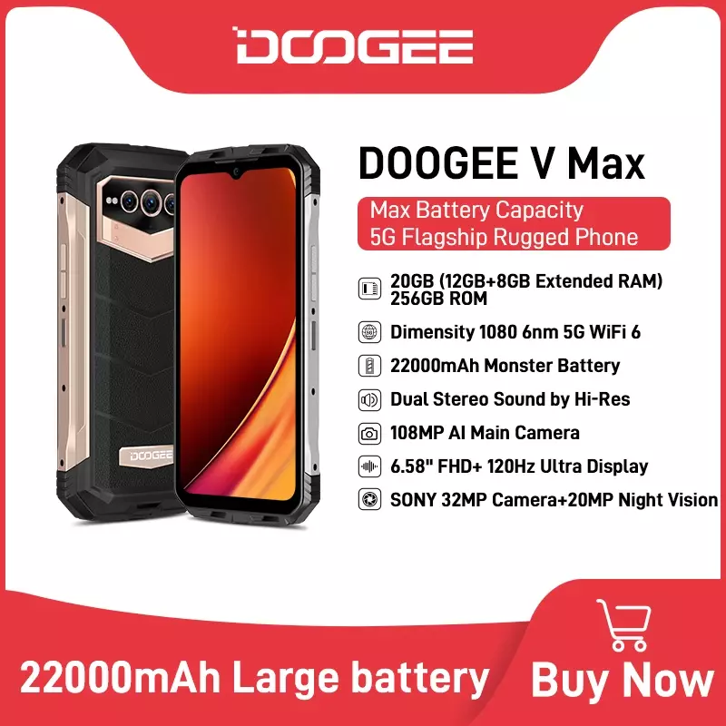 هاتف DOOGEE V Max 5G صلب من العرض العالمي 22000mAh سعة 12GB + 256GB هاتف محمول بكاميرا 108MP هاتف 120Hz أبعاد 1080 Hi-Res