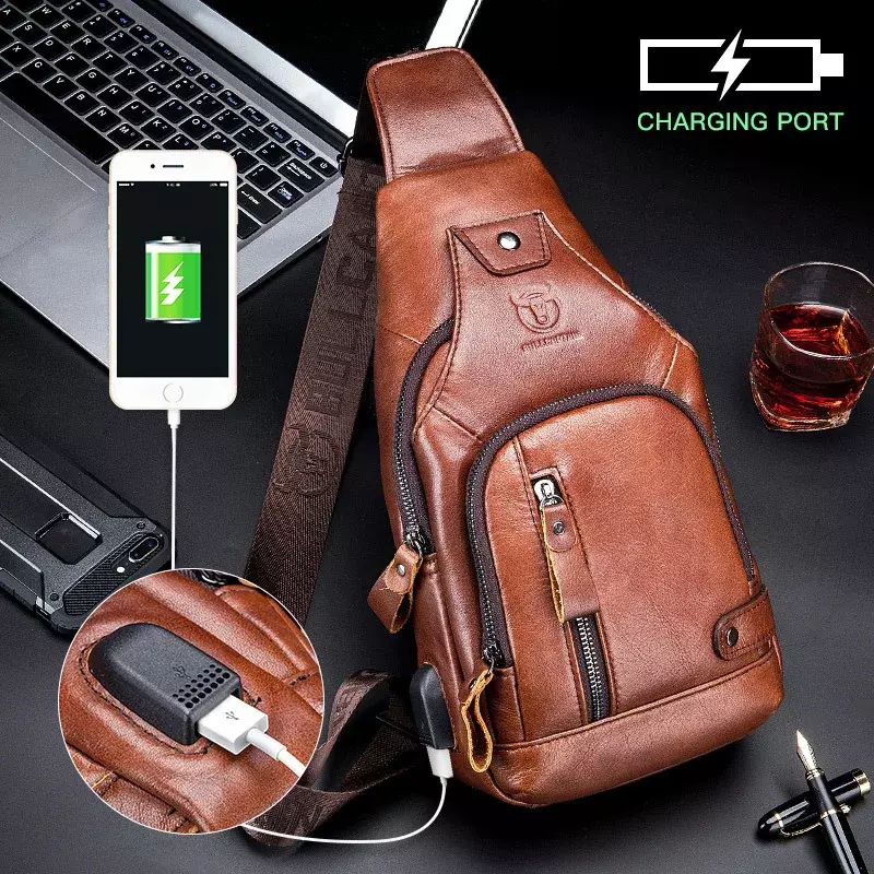 Men's Chest Bag Soft Genuine Cowhide Leather Casual Crossbody Bag with charging port