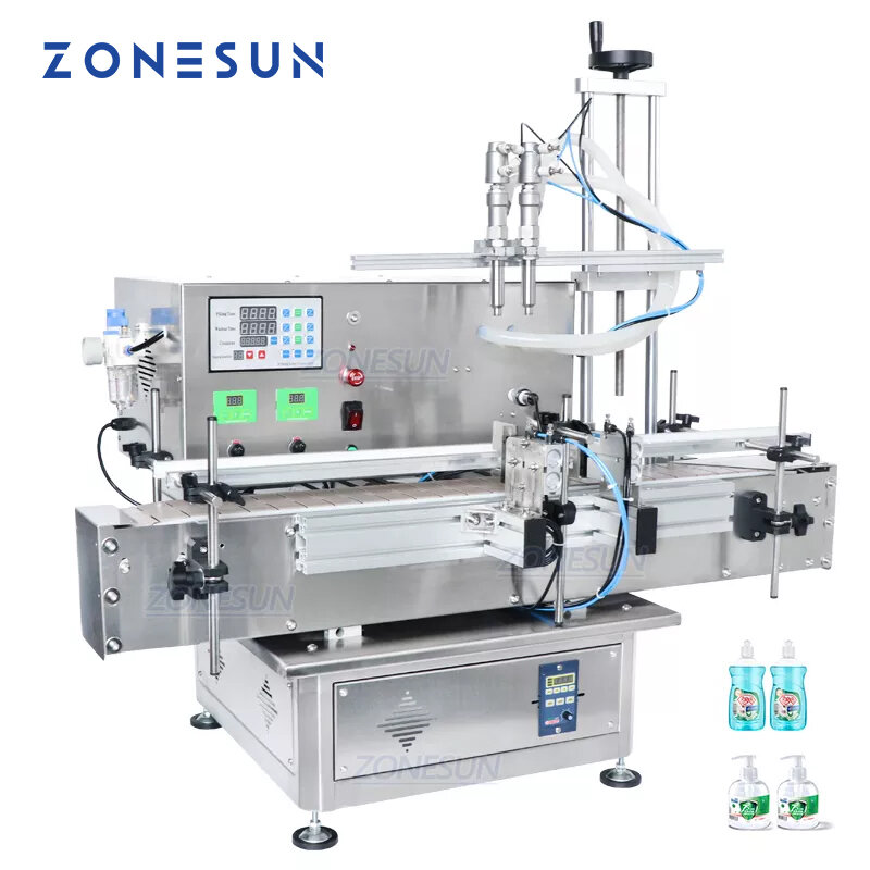 ZONESUN-آلة تعبئة السوائل الأوتوماتيكية لسطح المكتب ، وجهاز تعبئة زجاجات برأس مزدوج للشامبو وعصير الجل مع ناقل سلسلة