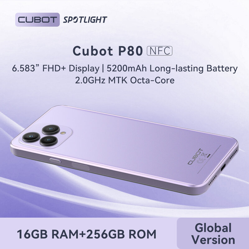 Cubot P80 ، هاتف ذكي Android 13 ، الإصدار العالمي ، ذاكرة وصول عشوائي (RAM) سعة 16 جيجابايت (8 جيجابايت + 8 جيجابايت ممتدة) ، 256 جيجابايت ROM ، دعم NFC ، شاشة 6.583 بوصة FHD + ، 5200 مللي أمبير ، كاميرا 48 ميجابكسل ،